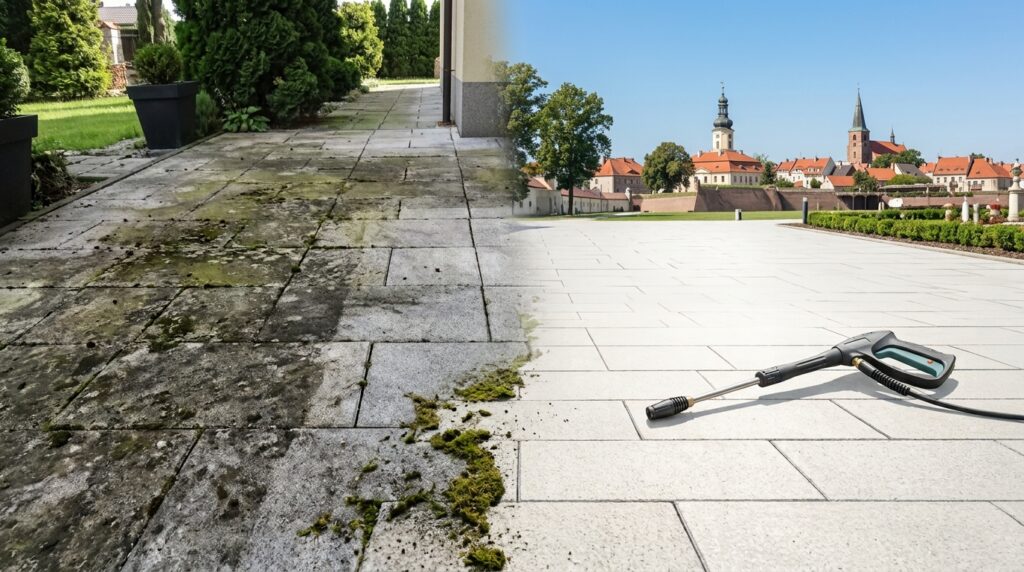 Porównanie zabrudzonej i wyczyszczonej kostki brukowej z lancą myjki ciśnieniowej na tle panoramy miejskiej w Radomsku.