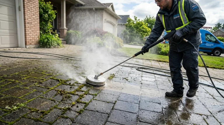 Technik myje podjazd z kostki betonowej lancą z regulacją, widać mchy w fugach i czyszczony pas kostki bez rozchlapywania.
